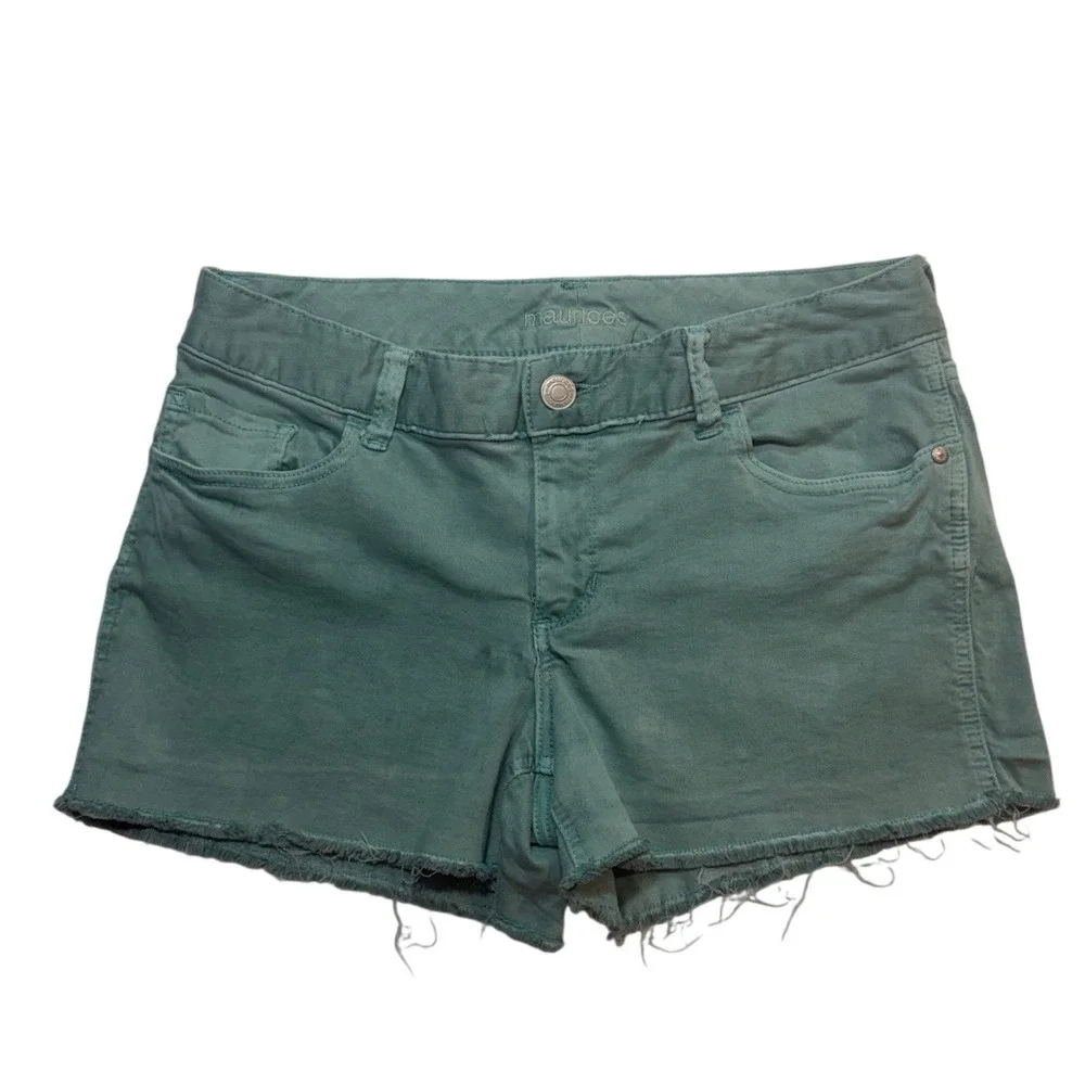 Maurices‎ Mint Green Denim Shorts Raw Hem Stretch Y2K Size 11/12